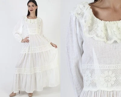 Vintage 70s Off White Prairie Dress Floral Crochet Lace Boho Wedding Hippie Gown - Image 1 of 4