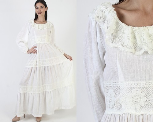 OFF WHITE Abito vintage anni 70 bianco sporco prateria floreale uncinetto pizzo boho matrimonio hippie