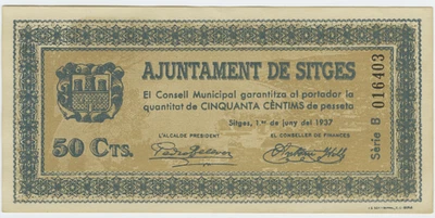 ☆ SPAIN CIVIL WAR 1937 • SITGES 50 CENT MUNICIPAL ☆ GUERRA CIVIL ESPAÑOLA ☆C5736 - Image 1 of 2