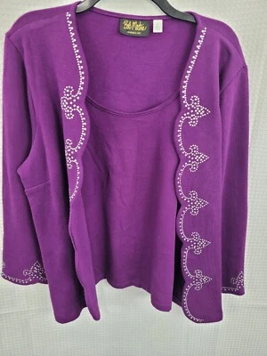 Bob Mackie Purple Faux Twinset with Rhinestone NWOT Size Large Cotton Knit - Image 1 of 4