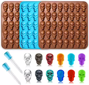 Stampi per caramelle teschio gommoso, confezione da 3 stampi per teschio in silicone 40 cavità con 2 contagocce fo - Foto 1 di 12