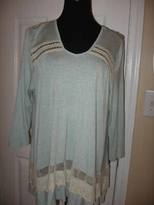 LAPIS,Tunic Top, Light Green, Knit,Crochet Lace,V- Neck,3/4 Sleeve, L - Picture 1 of 5
