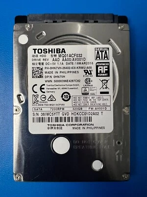 Toshiba 320GB HDD MQ01ACF032 , 5v 1.1a , 0HN7VH , SATA 7200RPM , FW: AV001D - Image 1 of 4