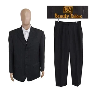 Custom Bespoke Three Piece Gray Blue Stripe Vest Slim Suit 44R Pants 33X30 - Picture 1 of 17