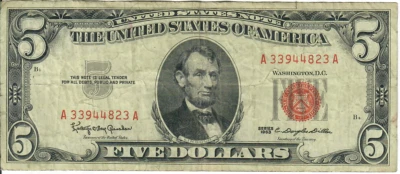 1963 5$ United States Note - Red Seal Right, KOG/CDD A33944823A - #13573 - Image 1 of 2