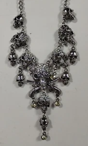 Pirate Skeleton Skull Pistols Necklace & Pendant, Silver tone with Rhinestones - Picture 1 of 9