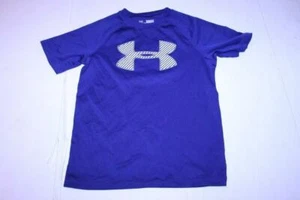 Youth Boys Under Armour M Loose Fit S/S Blue Shirt Heat Gear White Logo - Picture 1 of 3
