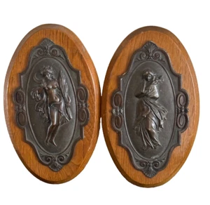 Pair of Greek Goddess Ornate 2 Seasons Art Nouveau Bronze Wall Plaque on Wood * - Picture 1 of 12