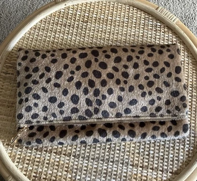 J Brand Faux Fur Cheetah Clutch Inner Zipper Fold Over Faux Fur Feel - Image 1 of 4