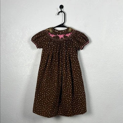 Girl’s Brown Polka Dot Pink Elephants Dress Bishop Smocked Sz 4T Embroidered - Image 1 of 4