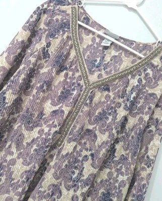 Catherines Pleated Tunic Top Purple Boho OpArt Silver Beaded Trim Flowy Sz 3X - Image 1 of 4