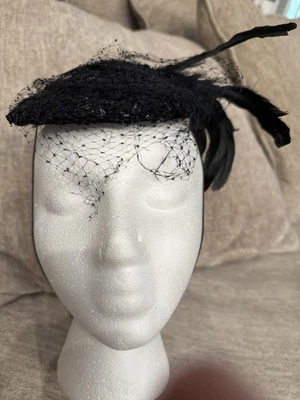 Vintage Women’s Fascinator Black Hat W/ Veil Sequins And Feathers - Image 1 of 4