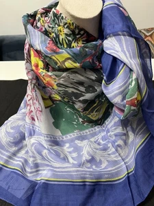 Talbots Garden 34” Square Scarf 100% Modal Floral Print Blue Border W Tag 2017 - Picture 1 of 5
