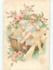 foreign 1905 Postcard FRENCH BABY WITH ROSE FLOWERS : : make an offer AC2385