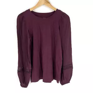 LOFT Top Size XS Womens Maroon Lace Trim Mixed Media Long Sleeve Cotton T Shirt - Picture 1 of 9