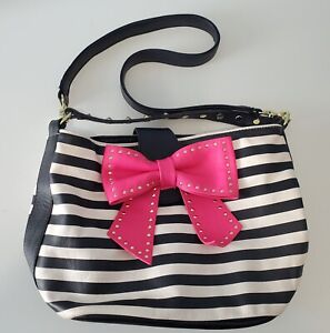 Betsey Johnson Hopeless Romantic Black-White Stripe Pink Studded Bow Handbag 