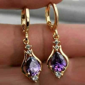 3CT Pear Lab Created Amethyst Women Drop/Dangle Earrings 14K Yellow Gold Finish - Picture 1 of 4