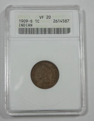 1909-S Indian Head/Oak Wreath w/Shield rev Cent ANACS VF 20 ~ 1st Gen Holder - Image 1 of 4