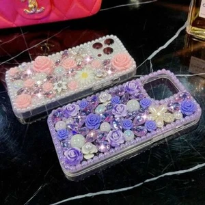 For iPhone Samsung Glitter Diamond Flower Case Bling Luxury Fashion Phone Cover - Picture 1 of 11