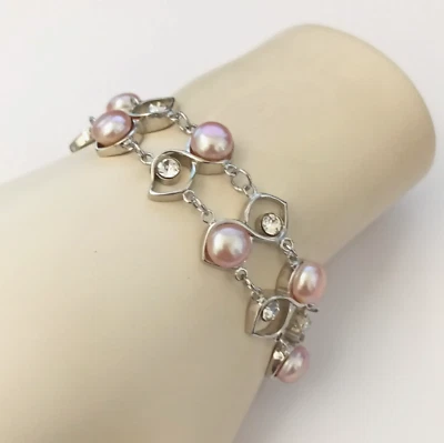 Pulseira de pérolas rosa tom prata fileira dupla moda moderna cristal largo romântico - Imagem 1 de 4