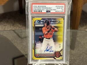 2022 Bowman Anthony Rodriguez 1st Chrome 74/75 Yellow Refractor Autograph PSA 10