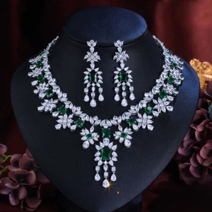Conjunto de joyas de compromiso de prometida de circonita cúbica verde collar colgante flor hoja larga - Imagen 1 de 9