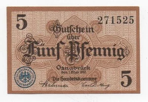 GERMANY OSNABRÜCK 5 PFENNIG 1917 NOTGELD EMERGENCY MONEY LOOK SCANS - Picture 1 of 2