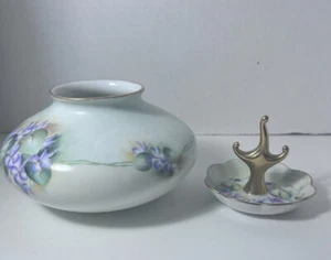 Handbemalte Vintage Porzellan Vase signiert & Ringhalter - Bild 1 von 11