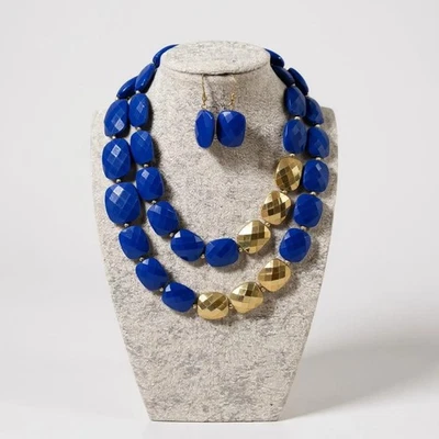 Royal Blue And Gold Faceted Lucite Bead Long Necklace Earring Set - Image 1 of 2