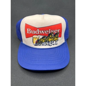 Vintage Budweiser Brauerei 1980er Truckermütze blau Netz Schaum Druckknopflasche Bier Logo - Bild 1 von 8