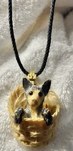 VINTAGE RAZZA German Shepherd Puppy Dog IN A BASKET NECKLACE Resin & Black Rope - Picture 1 of 10