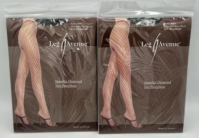 2 Pair Leg Avenue Spandex Diamond Net Pantyhose Black 9005 OSFM 90-160 lbs New - Image 1 of 3