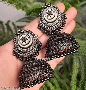 Black Oxidized Big Jhumka Bridal Kundan Ethnic Earring Statement Jewelry - Imagen 1 de 2
