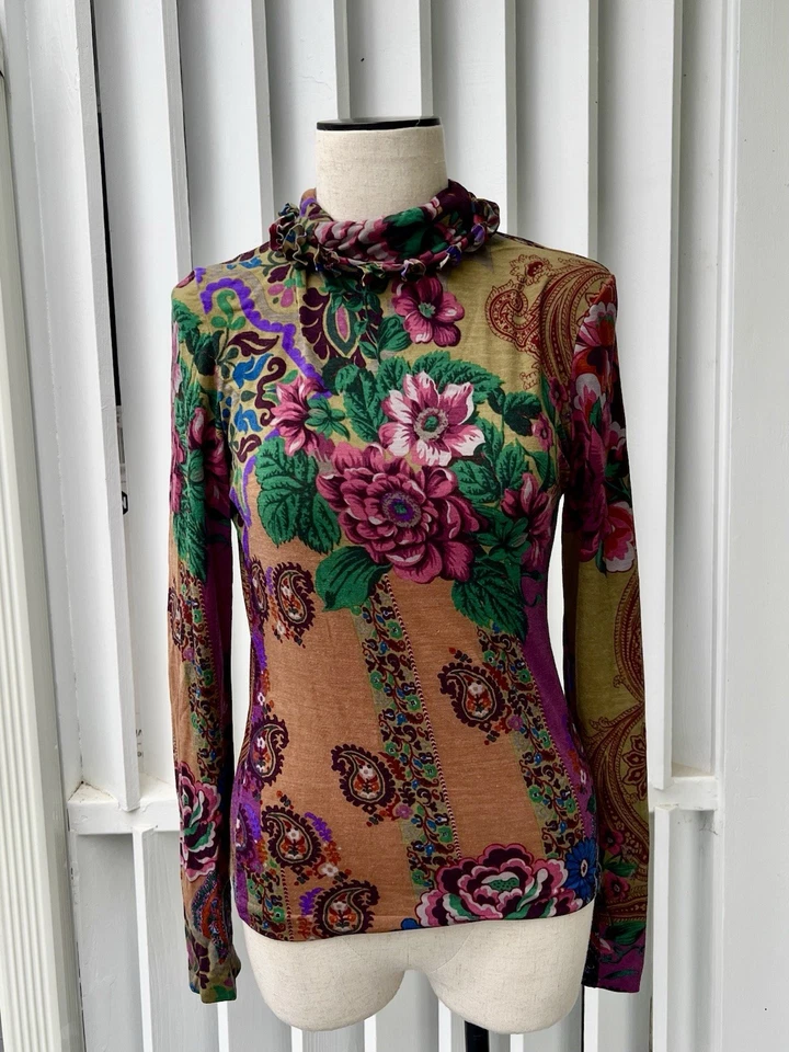 Top abstracto floral cachemir manga larga lana cuello tortuga vintage Erto Milano 40 Foto 1 de 4