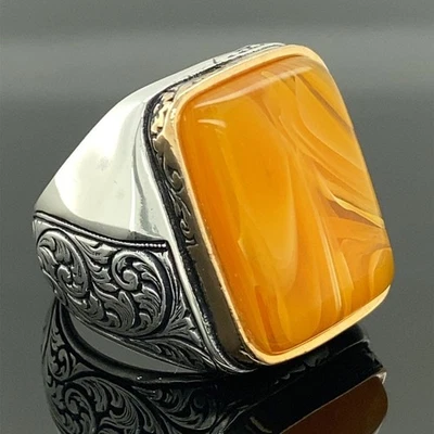 Anillo de piedra ámbar miel cuadrado plata 925 turco para hombre Foto 1 de 4