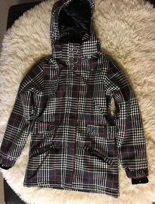 Chaqueta de esquí de snowboard para mujer S P pequeña negra gris rosa a cuadros pata de gallo glamour Foto 1 de 4