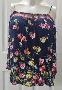 Boho Cold Shoulder Flutter Sleeves Embroidered Flowy Dark Floral Top Size Large - Picture 1 of 10