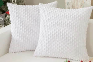 Pair 18x18 ~ Pom Pom Tufted Stripe Chenille Corduroy Pillow Covers ~ White #D77 - Picture 1 of 2