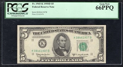 FR. 1965-K 1950-D $5 FRN FEDERAL RESERVE NOTE DALLAS, TX PCGS GEM UNC-66PPQ - Image 1 of 2