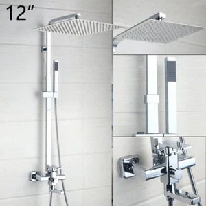 12" Chrome Bathroom Shower Set Mixer Wall Mount Hand Sprayer Square Rainfall Tap - Picture 1 of 10