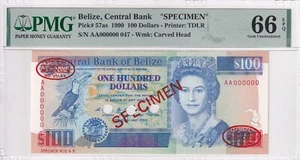 Belize, 100 Dollars, 1990, UNC, p57as, SPECIMEN - Picture 1 of 2