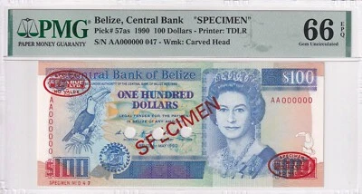 Belize, 100 Dollars, 1990, UNC, p57as, SPECIMEN - Image 1 of 2