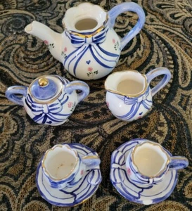 Mini Child Tea Set 8 Pieces Ceramic  Blue/pink Floral Missing Teapot Lid, 1 Chip - Picture 1 of 3