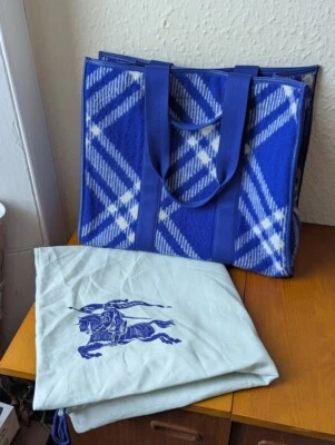 Burberry XL Check Shopper Tote Bag - Blue Leather Wool - Made in Italy - Image 1 of 4