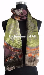 Elegant 100% Silk Burnout Velvet Floral Oblong Scarf Wrap, Brown/Green - Picture 1 of 5