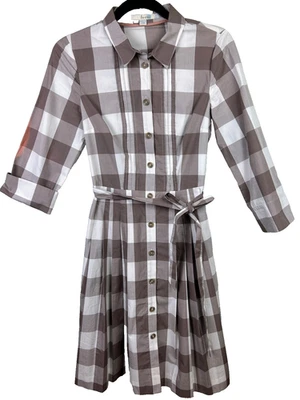 Boden Plaid Brown & White Checked Shirt Dress Button Down Long Sleeve Belted 4 - Image 1 of 4