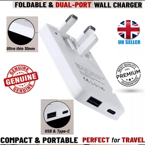 20W Ultra Slim USB-C & USB QC 3.0 Dual Port FAST Charger PD Plug Folding UK Port - Picture 1 of 8