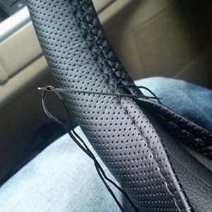 Car Truck Leather Steering Wheel Cover With Needles and Thread Black DIY Th - Picture 1 of 12