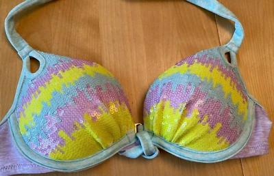 VICTORIA’S SECRET SEQUINS PURPLE BLUE YELLOW PADDED BIKINI SWIM TOP SZ 32A - Image 1 of 4