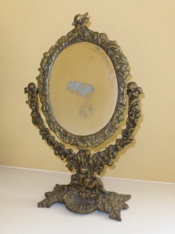 Antique Floral & Cherub Frame Design Bronze Vanity Mirror Hand Held Cover